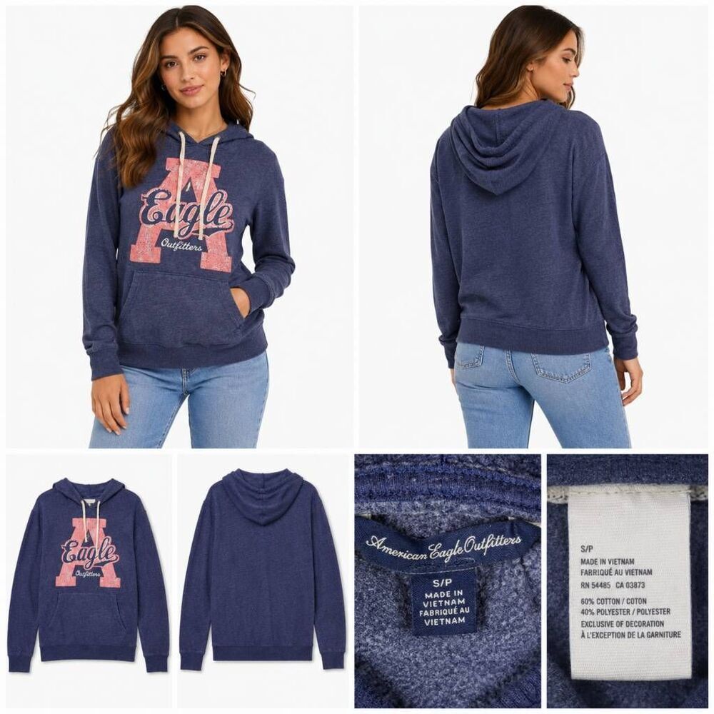 American Eagle Outfitters Women’s Navy Blue Logo Hoodie Sweatshirt Size Small
